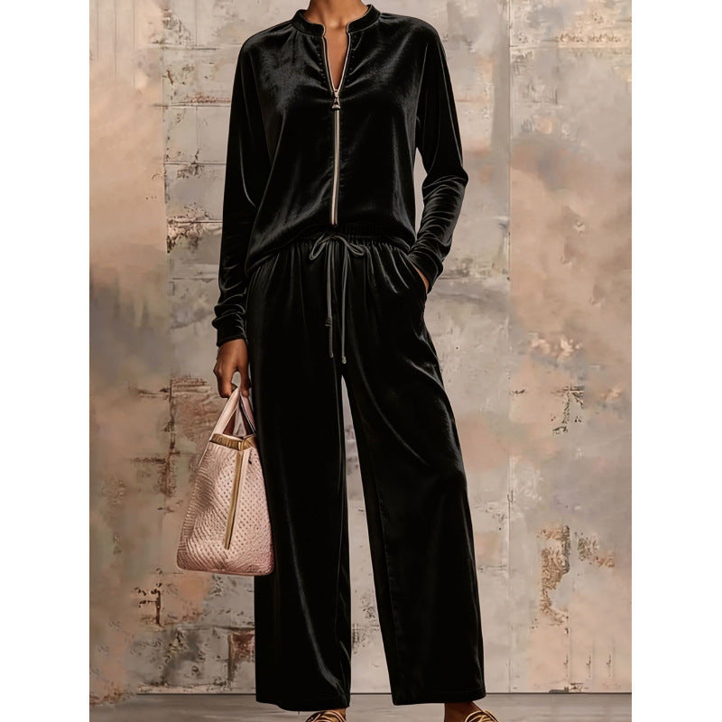 Ensemble lounge en velours pour femmes avec col montant, demi-fermeture éclair et pantalon palazzo large Echoarchiv