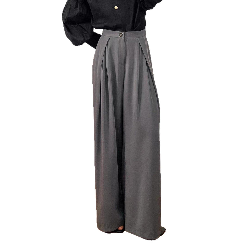 Pantalon plissé taille haute large pour femmes avec plis, passants de ceinture et poches