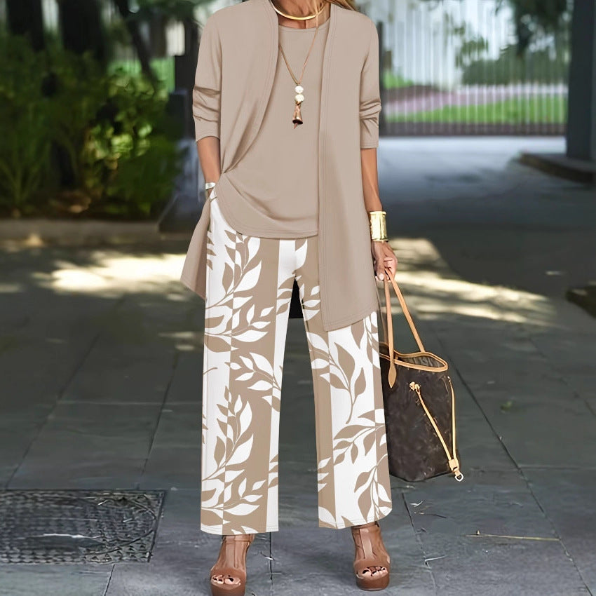 Cardigan long ouvert en maille fine pour femmes avec ourlet droit et pantalon palazzo à imprimé feuillage Set Echoarchiv