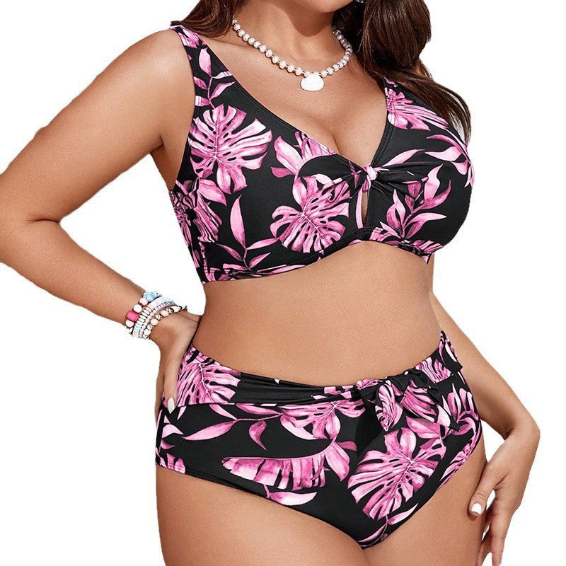 Bikini taille haute pour femmes avec design floral et détail de nœud décoratif R&B