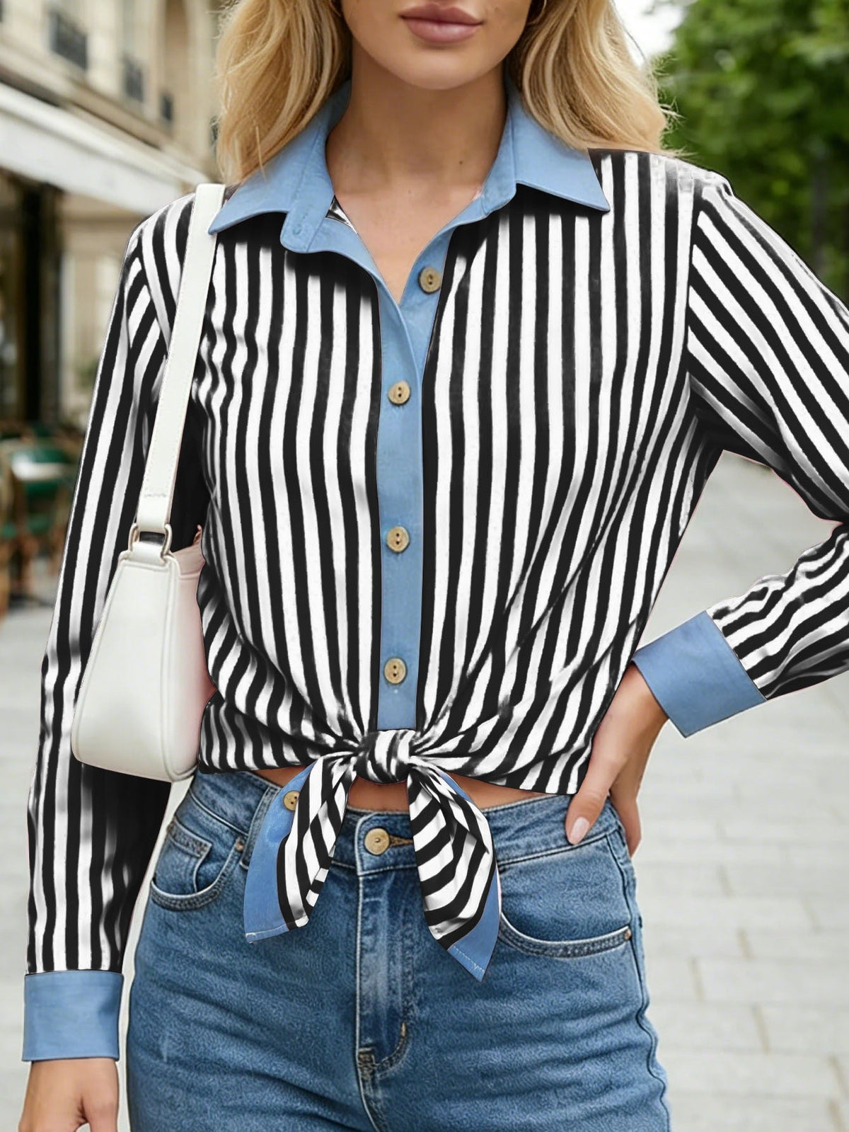 Blouse à rayures pour femmes avec bord contrasté et boutons en bois Echoarchiv