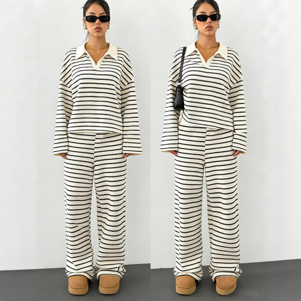 Pull en tricot rayé pour femmes avec col polo et manches oversize Echoarchiv