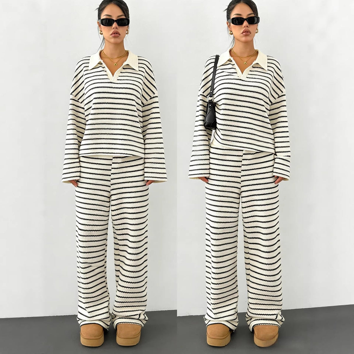 Pull en tricot rayé pour femmes avec col polo et manches oversize Echoarchiv