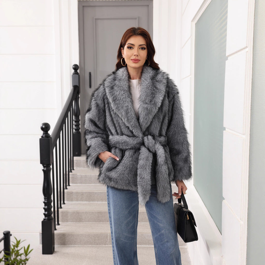 Veste Femme en Fourrure Synthétique avec Ceinture et Grand Col