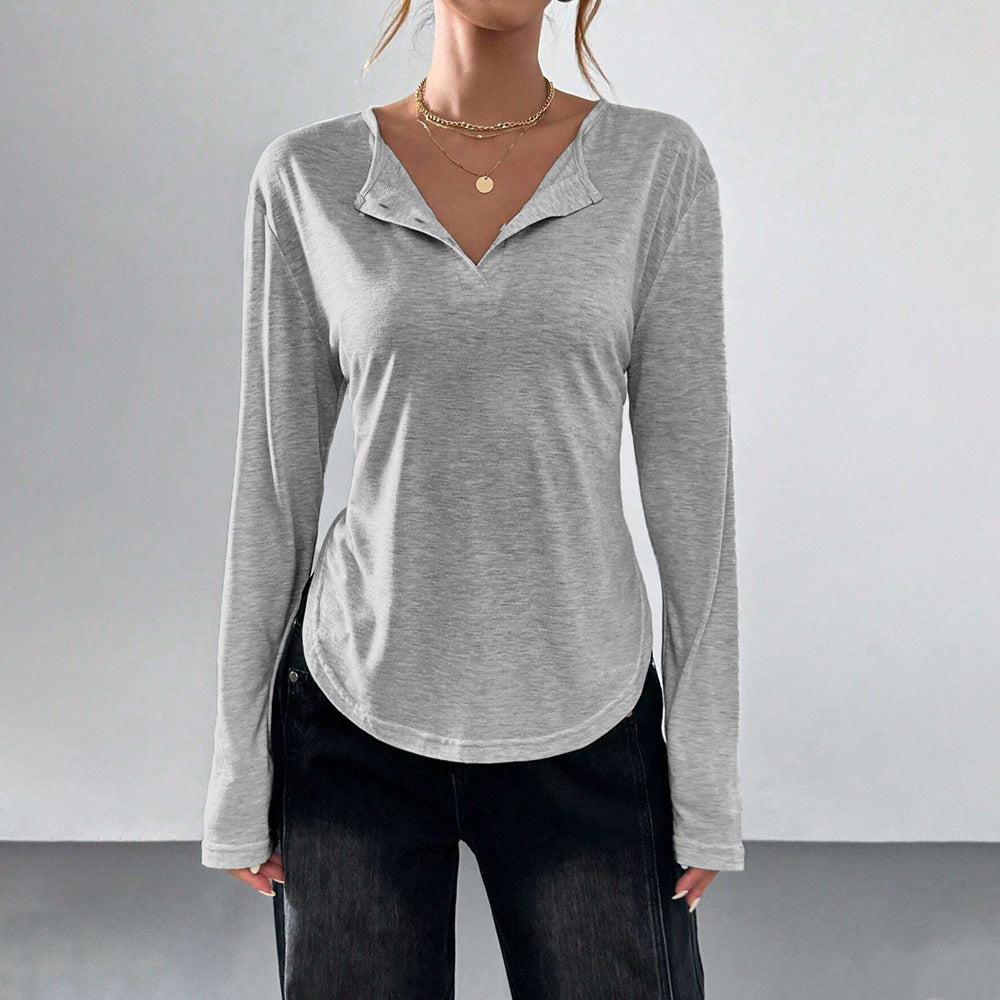 T-shirt à manches longues pour femmes avec décolleté en V, col ouvert, jersey doux et ourlet arrondi
