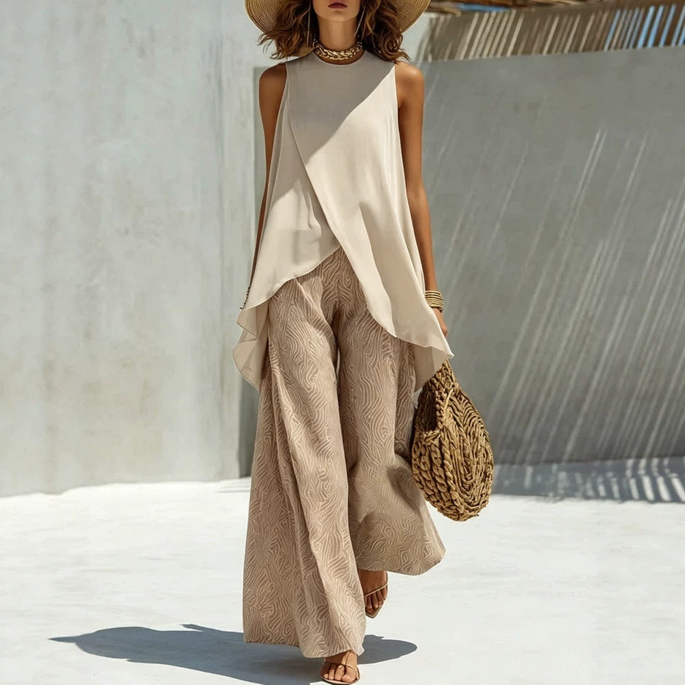 Ensemble élégant et léger pour femmes avec top asymétrique et pantalons larges R&B