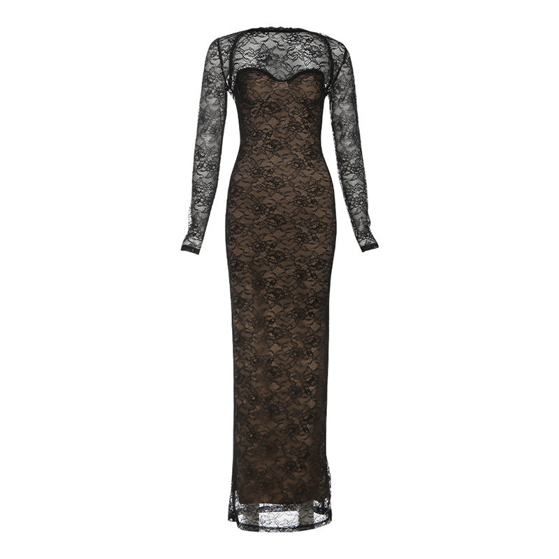 Robe longue en dentelle élégante pour femmes avec décolleté en cœur et coupe ajustée Heidi-Mode