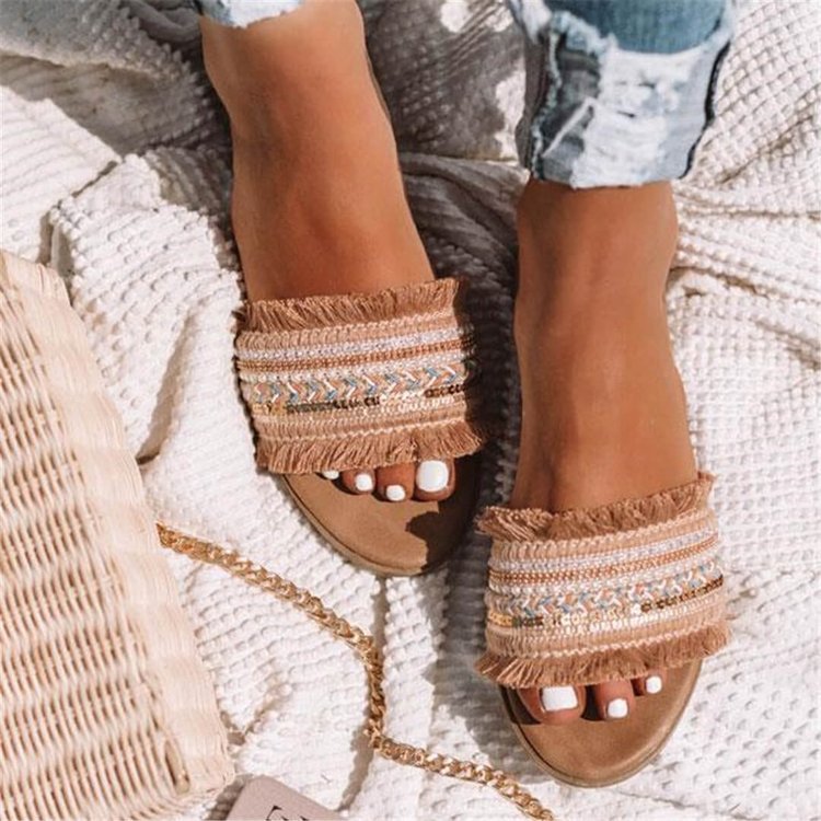 Sandales confortables pour femmes avec franges décoratives et perles R&B