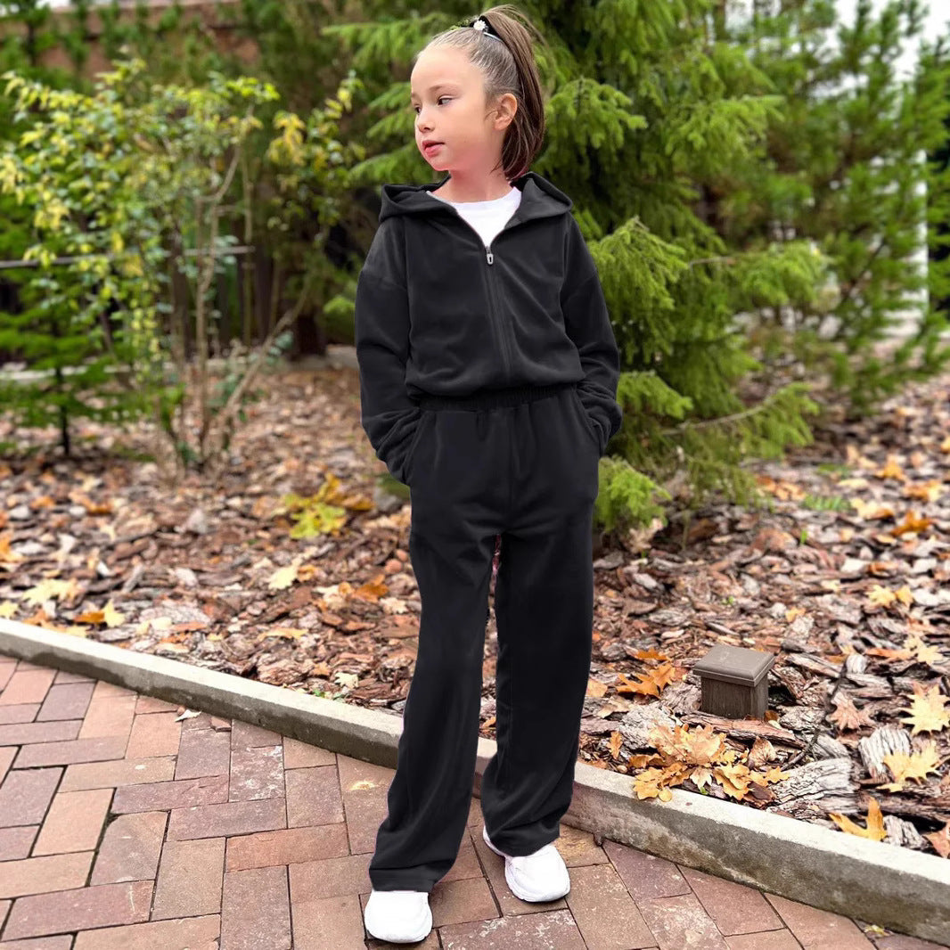 Ensemble de jogging à capuche en velours pour femmes avec fermeture éclair intégrale, ceinture élastique à cordon et jambe droite