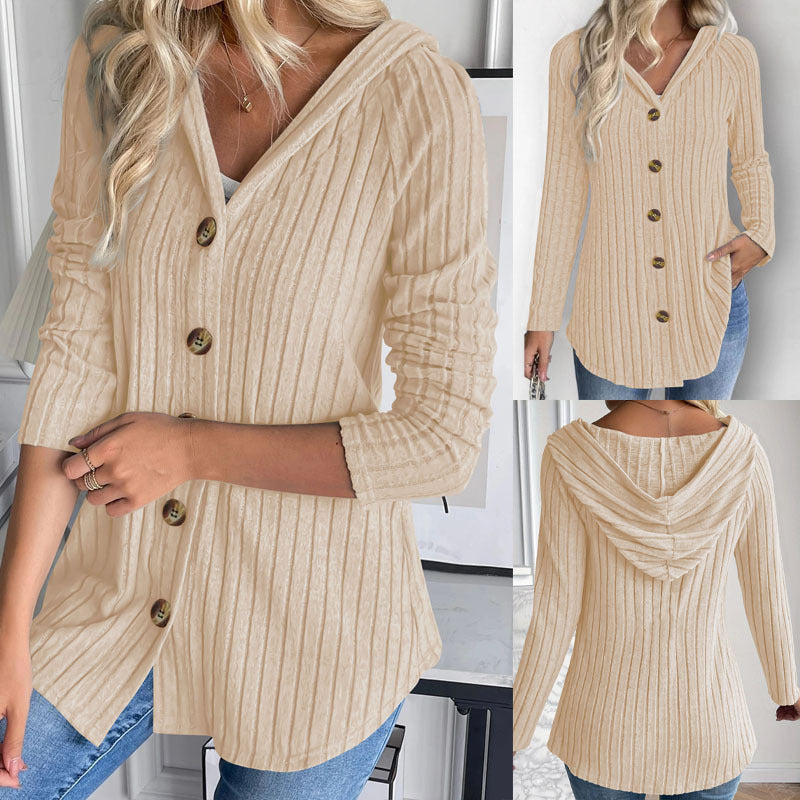 Blouse Cardigan à Capuche Rippée pour Femmes avec Boutonnage en Bois et Manches Froncées Echoarchiv
