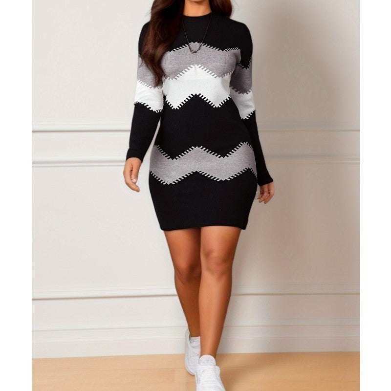 Robe Mini Tricotée Ajustée pour Femmes avec Manches Longues et Motif Zigzag Echoarchiv