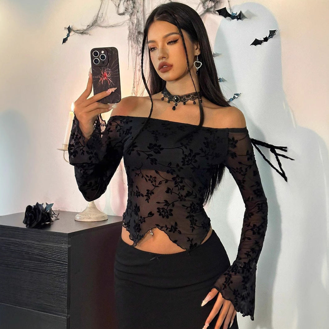 Top en maille transparent pour femmes avec application en velours floral, décolleté Carmen et ourlet court R&B