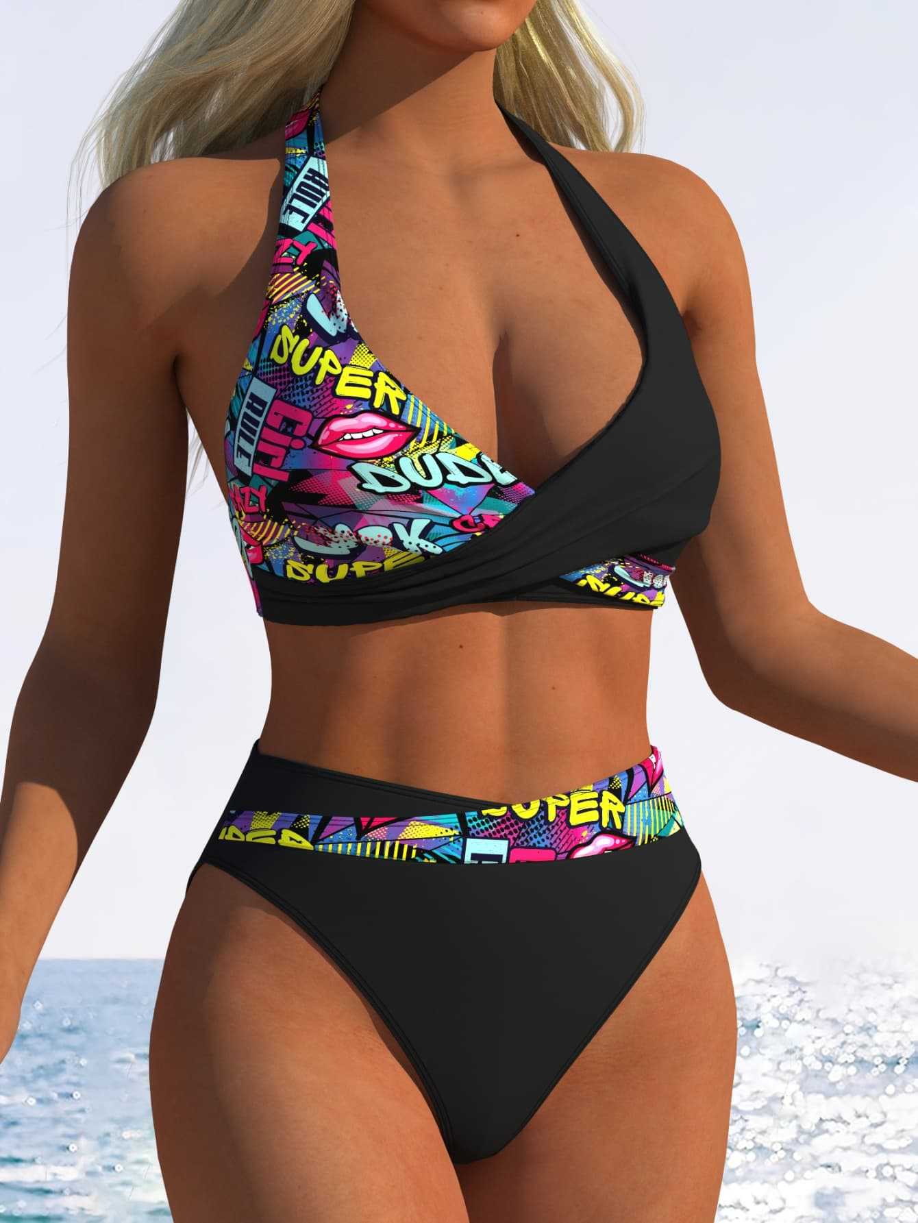 Maillot de bain femme taille haute avec haut à nouer tendance et ceinture élastique R&B
