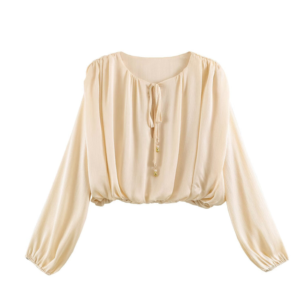 Blouse Carmen Boho aérienne pour femmes avec cordon de serrage, manches ballon amples et ourlet élastique Echo Archiv