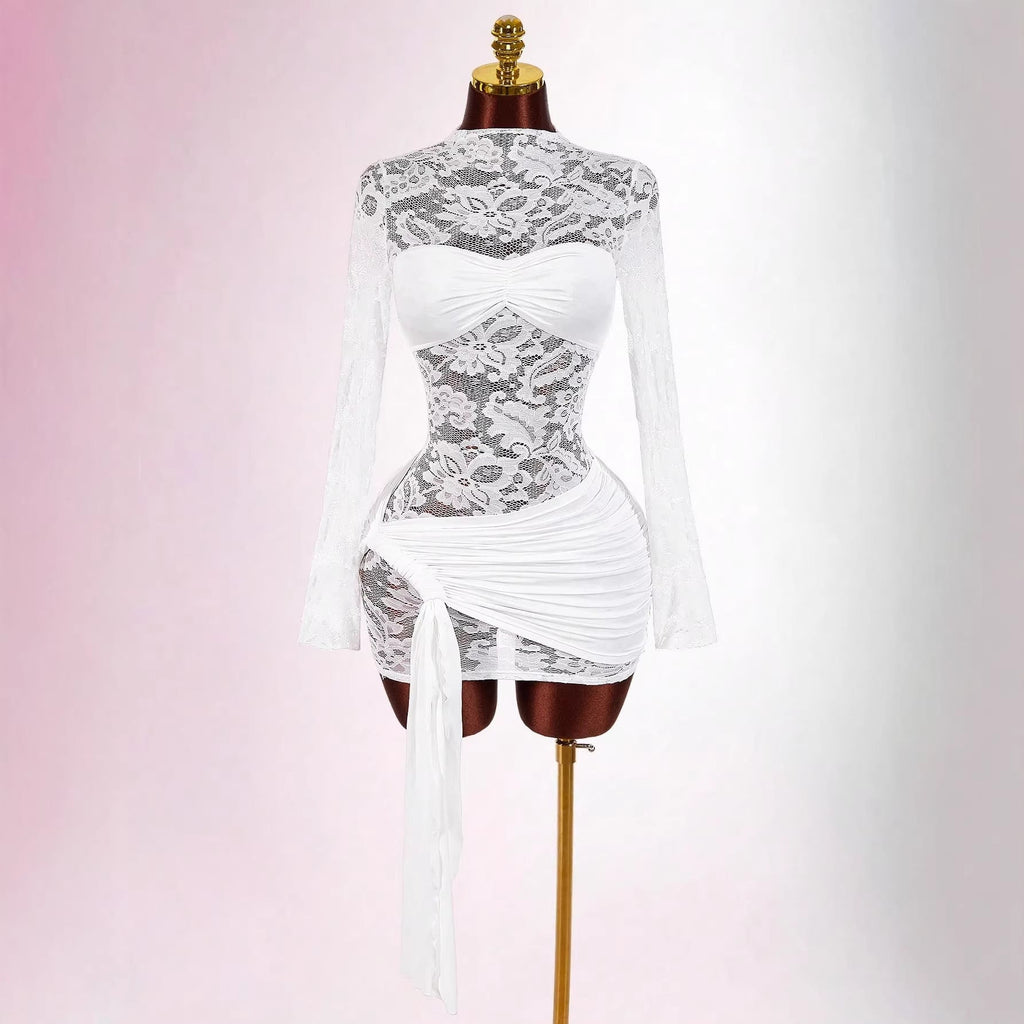 Robe mini en dentelle transparente pour femmes avec empiècement bandeau, jupe portefeuille froncée et manches longues R&B
