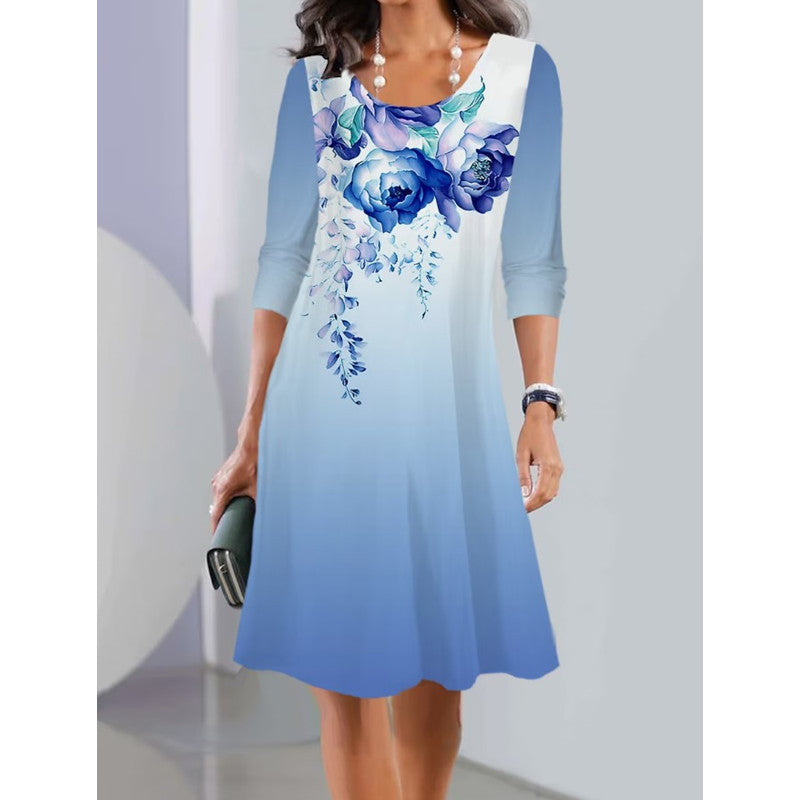 Robe A-ligne pour femmes avec imprimé floral, décolleté en U, manches trois-quarts et doux dégradé Ombre Echoarchiv