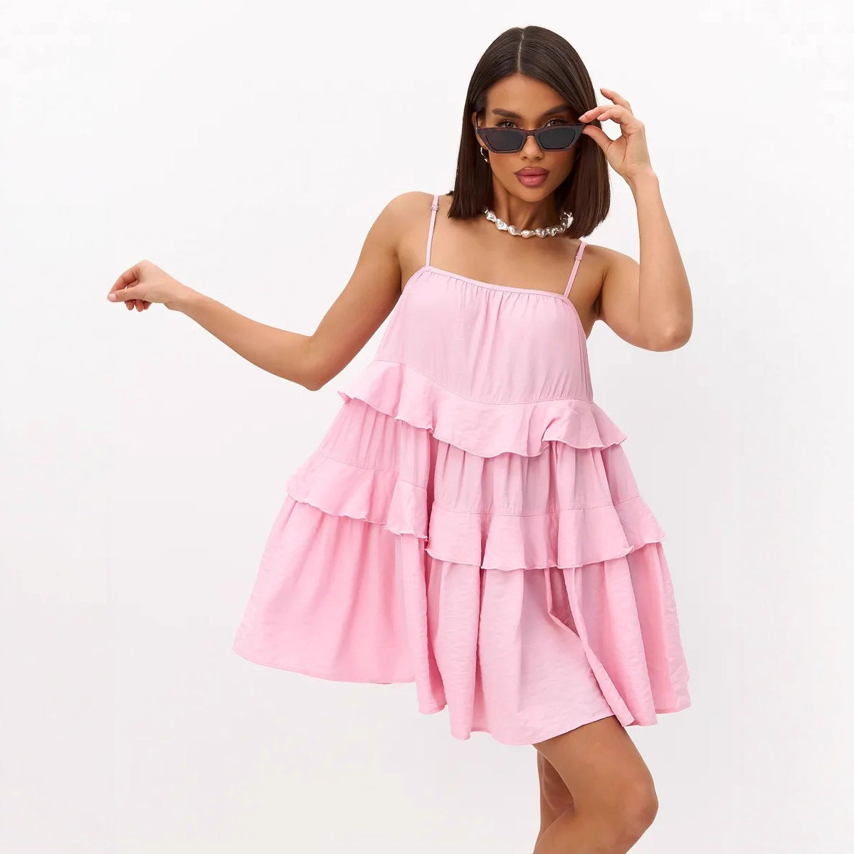 Robe à volants pour femmes en coton léger avec détails en dentelle R&B