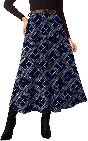 Jupe midi à carreaux en A pour femmes avec taille haute et poches latérales