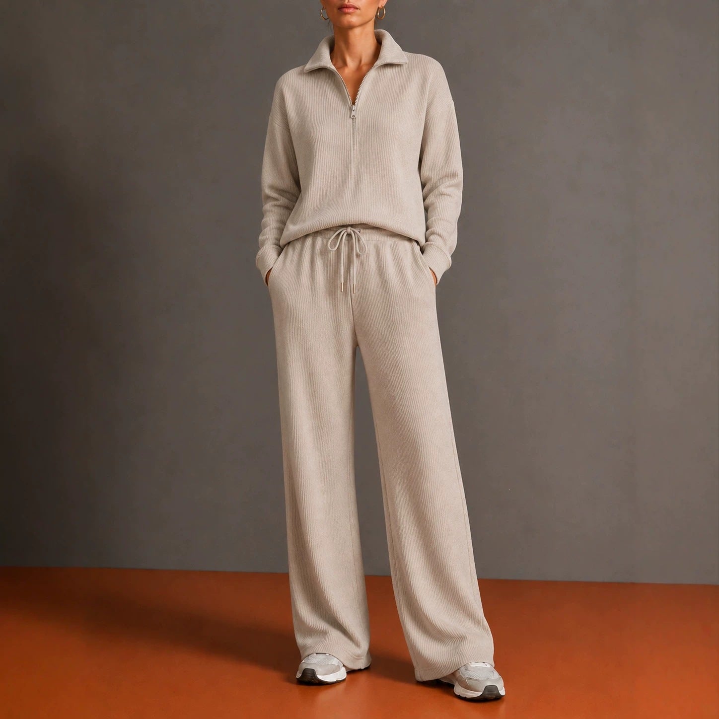 Ensemble de détente en tricot pour femmes avec demi-fermeture éclair, taille élastique et jambes larges - Echo Archiv