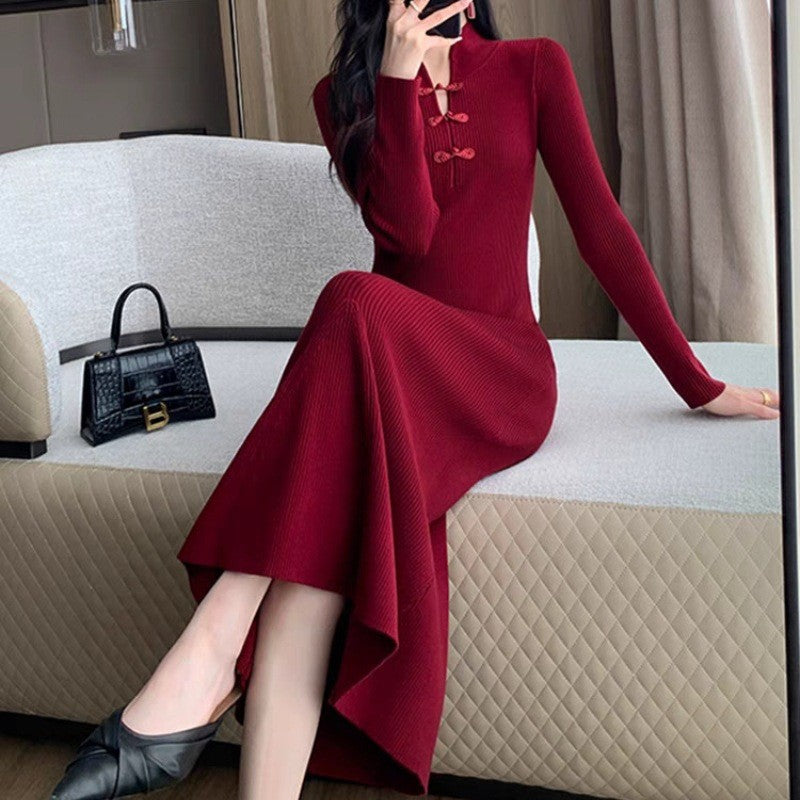 Robe Midi Ribbed Femme avec Col Montant et Détails de Boutons