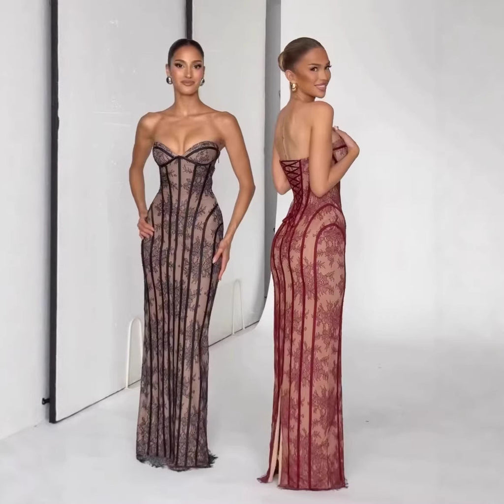 Robe en dentelle ajustée pour femmes avec design sans épaules et taille élégante Heidi-Mode