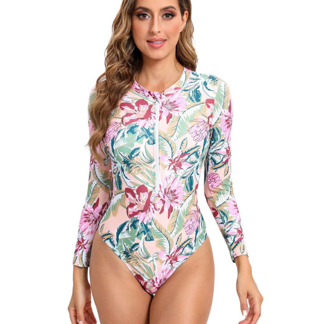 Maillot de bain long à manches pour femmes avec fermeture éclair et motifs élégants Drune