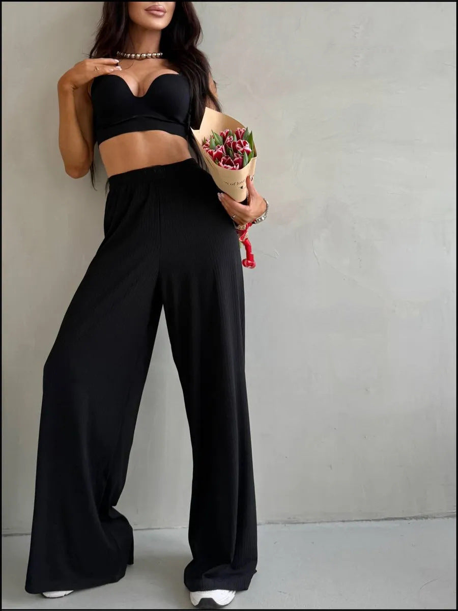 Pantalon Palazzo large taille haute pour femmes en jersey côtelé avec taille élastique Echo Archive