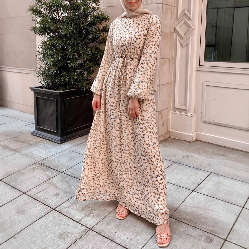 Robe maxi à fleurs pour femmes avec taille à cordon et manches ballon