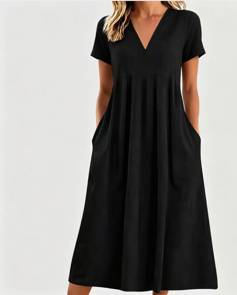 Robe midi à décolleté en V pour femmes avec poches et couture empire froncée R&B