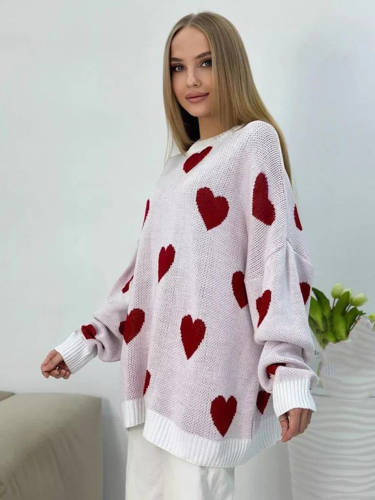 Pull en tricot oversize pour femmes avec motif en cœur, bords côtelés et silhouette ample Echoarchiv
