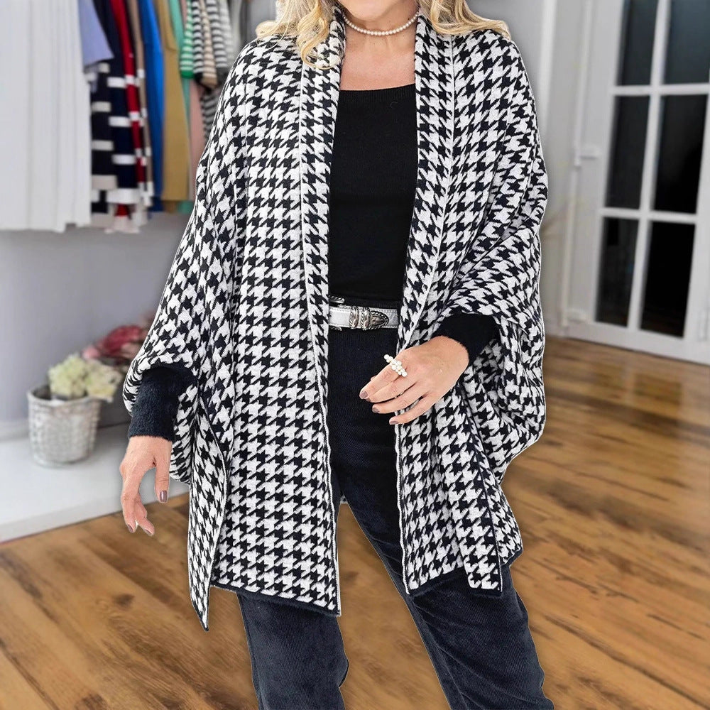 Poncho Oversized pour Femmes avec Motif Pied-de-Poule et Col Châle Ouvert Echo Archiv