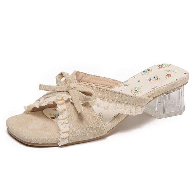 Sandales mode pour femmes avec talon bloc transparent et accent de nœud décoratif R&B