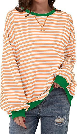 Sweat-shirt à rayures oversize décontracté pour femmes avec manches raglan et bords contrastés Echoarchiv