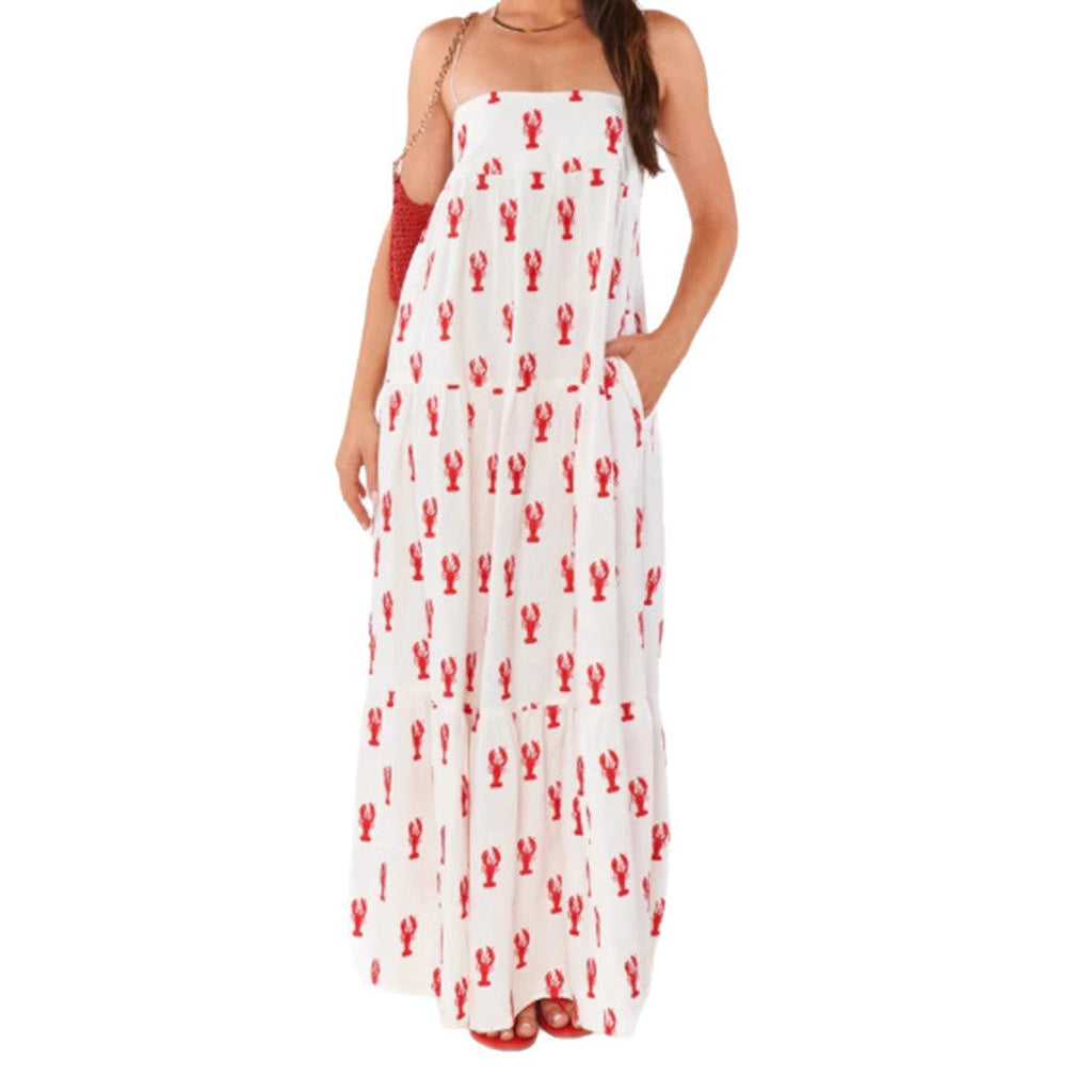 Robe maxi bandeau sans bretelles pour femme avec jupe à volants en cascade et motif homard maritime R&B