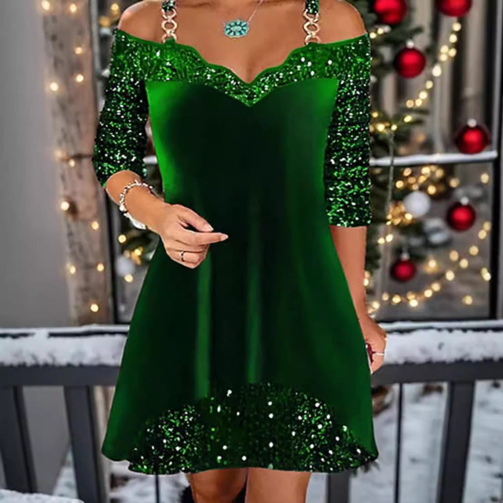 Robe swing sans manches en sequins pour femmes avec bretelles délicates, manches mi-longues et volant R&B