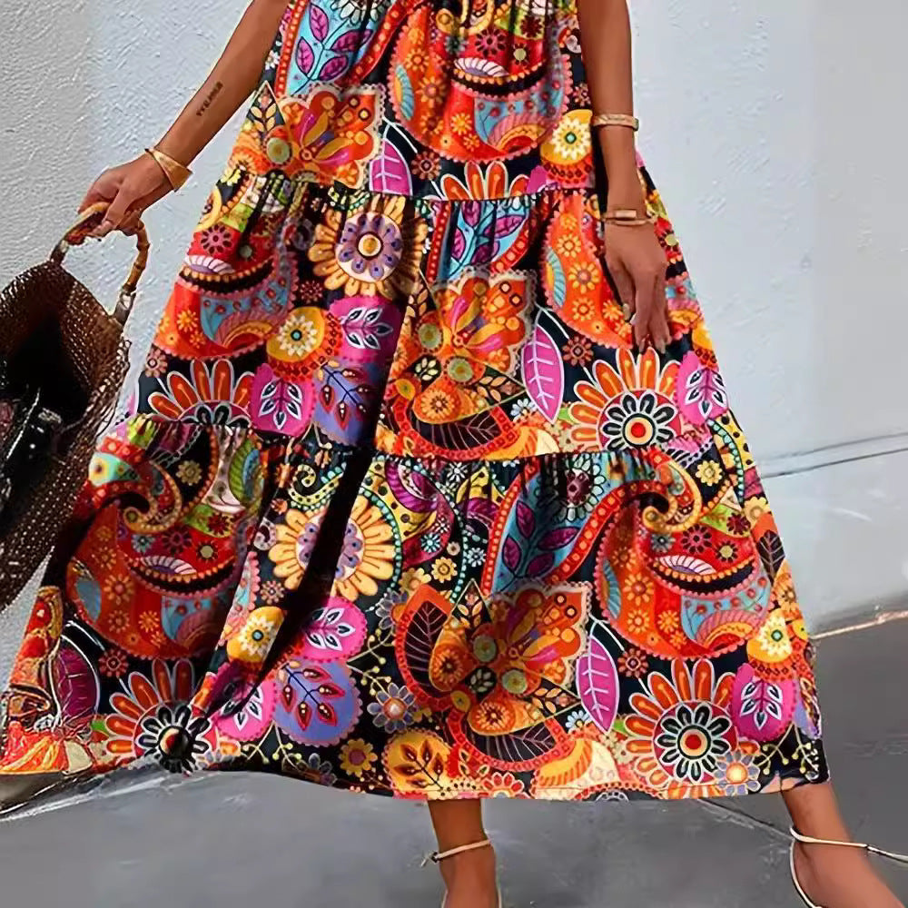 Robe maxi Boho à volants pour femmes avec décolleté en V et couture froncée sous la poitrine R&B