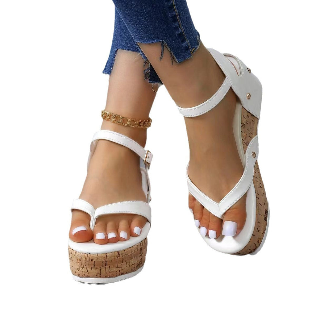 Pantoufles à talon compensé pour femmes avec semelle en liège décorative et design de bride élégant R&B
