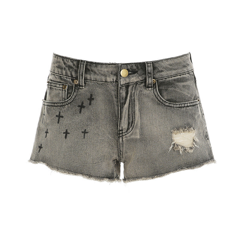 Shorts en jean pour femmes avec motif léopard et taille froncée R&B