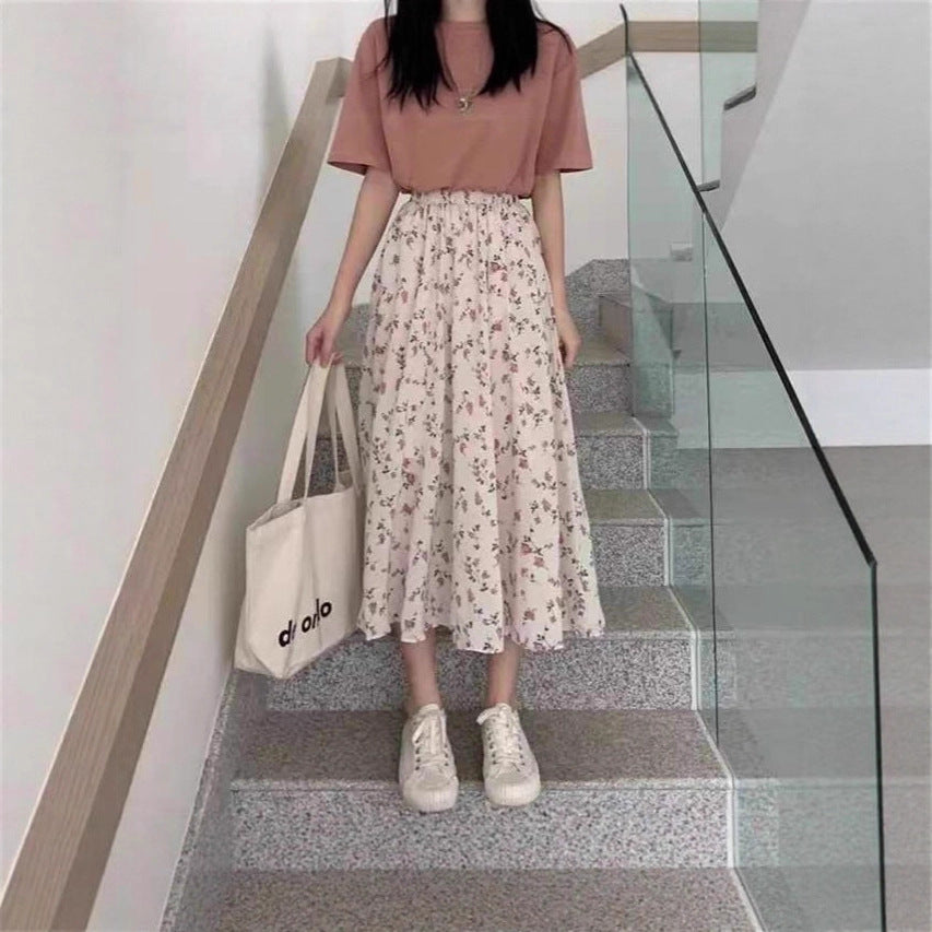Jupe midi femme avec imprimé floral, taille cintrée à volants et qualité plissée légère