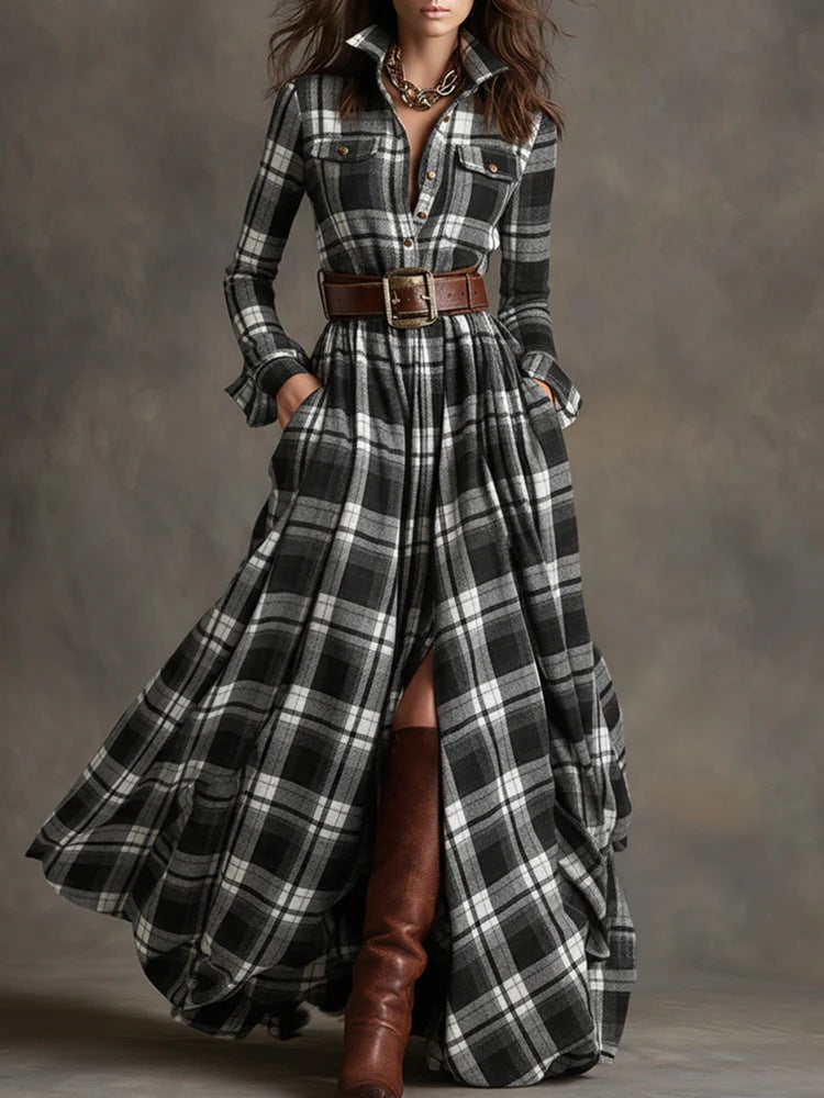 Robe Maxi à Carreaux pour Femmes avec Haut de Chemise, Taille Cintrée et Poches Latérales Echoarchiv
