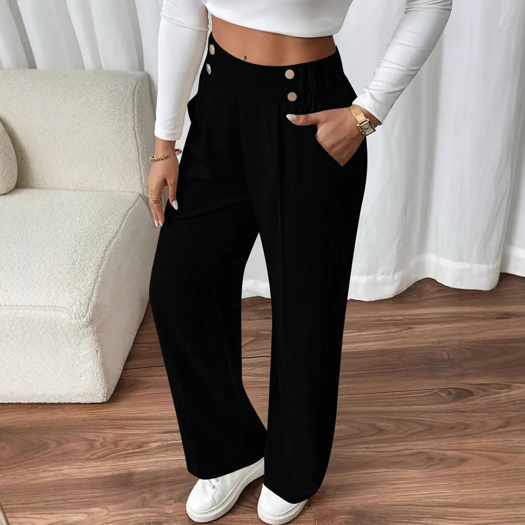 Pantalon Palazzo taille haute pour femmes avec boutons décoratifs, pli marqué et poches Echoarchiv
