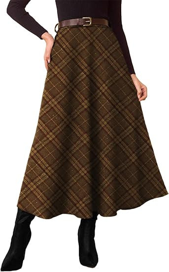 Jupe midi à carreaux en A pour femmes avec taille haute et poches latérales