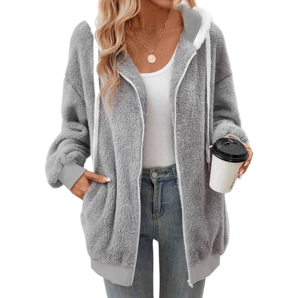 Veste à capuche en teddy polaire douillette pour femmes avec fermeture éclair et coupe oversized