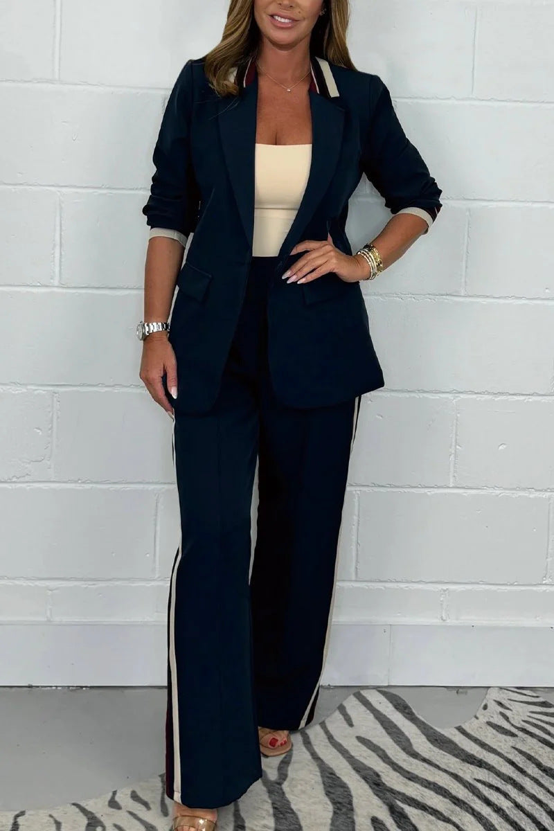 Ensemble pantalon blazer long cintré pour femme avec pli marqué, jambe large et passepoil latéral R&B