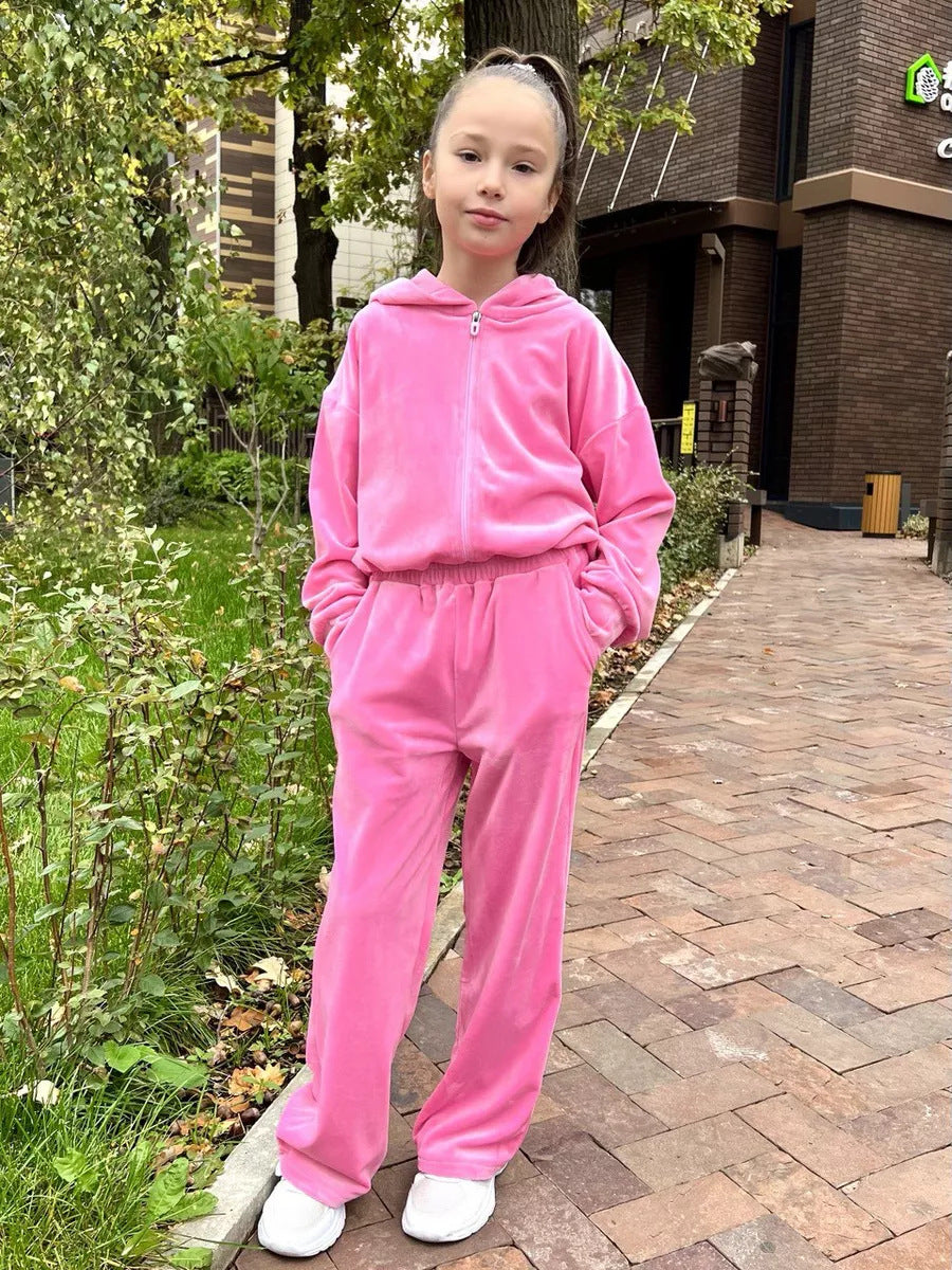 Ensemble de jogging à capuche en velours pour femmes avec fermeture éclair intégrale, ceinture élastique à cordon et jambe droite