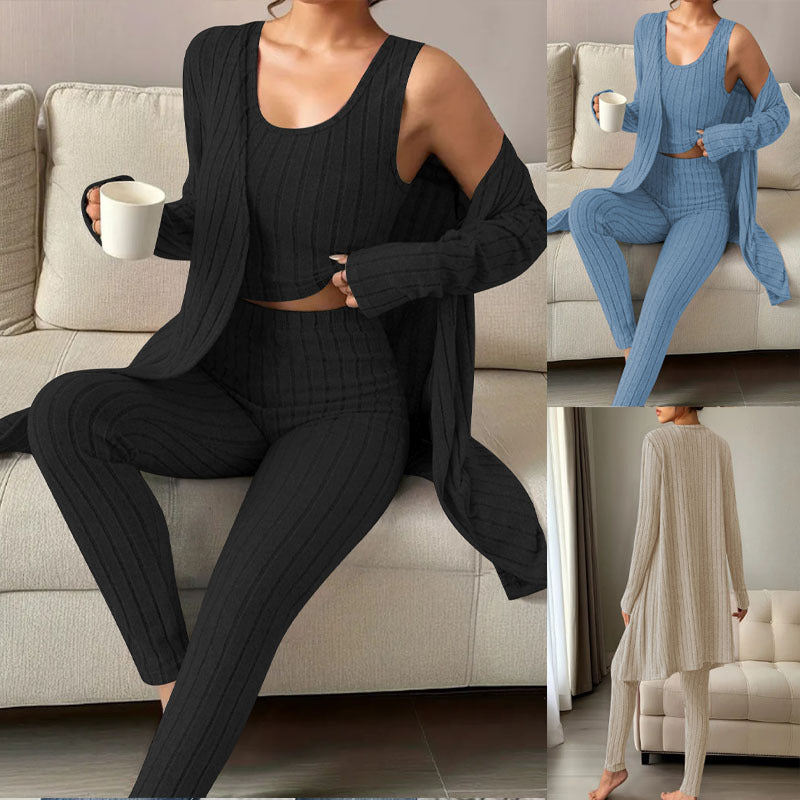 Ensemble Lounge en Tricot Fin Côtelé pour Femmes avec Cardigan Long, Top Court et Leggings Taille Haute Echoarchiv