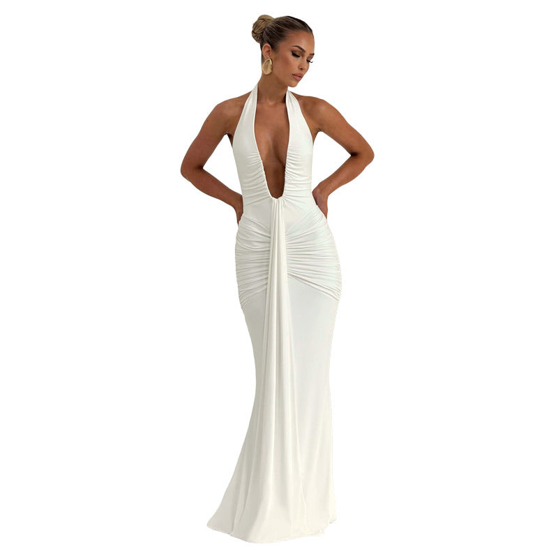 Robe Maxi Élégante pour Femme avec Drapés Raffinés et Décolleté en V Profond Heidi-Mode