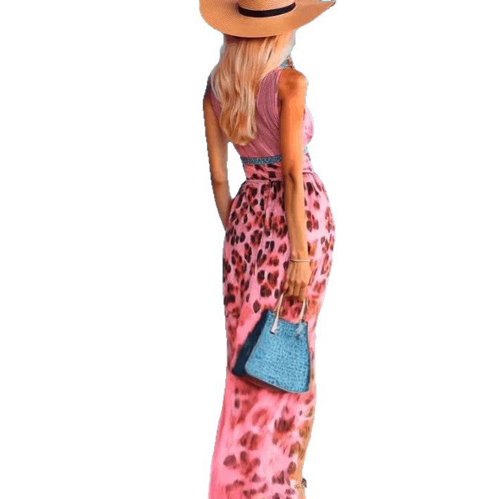 Robe maxi femme avec décolleté en V profond, dos nu tressé, imprimé léopard, jupe en chiffon plissé et fente latérale R&B