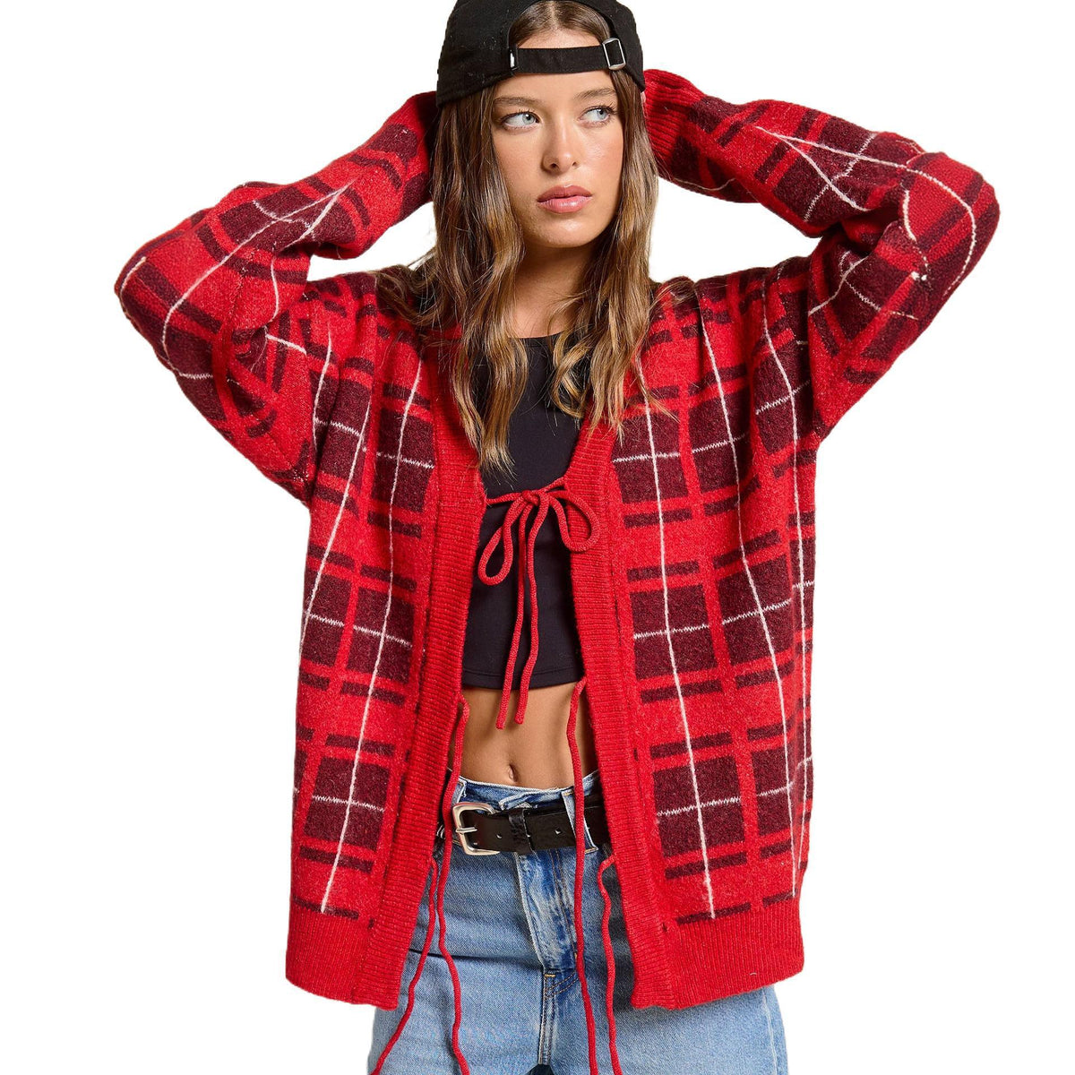 Cardigan en maille à carreaux oversize pour femmes avec ceinture et poches plaquées Echoarchiv