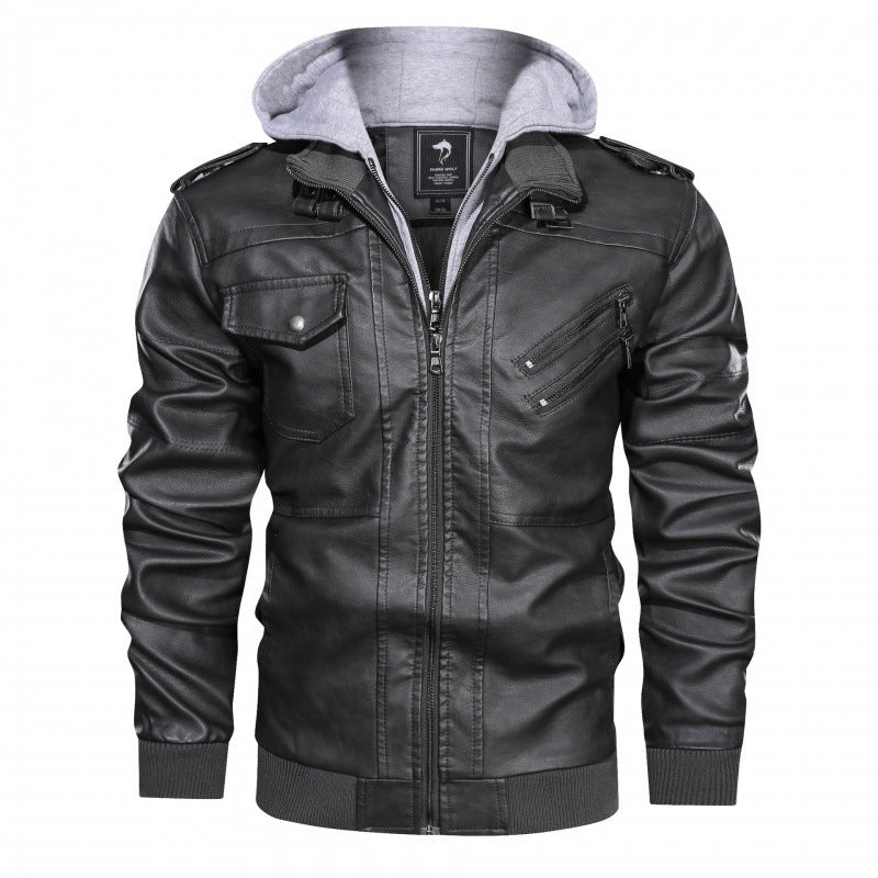 Veste de biker en simili cuir pour hommes avec capuche amovible, col montant, épaulettes et multiples poches zippées Echo Archiv